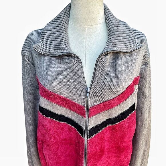 Men’s Vintage Hands Off Gray & Burgundy Suede Sweater Jacket Size Large - Picture 2 of 6